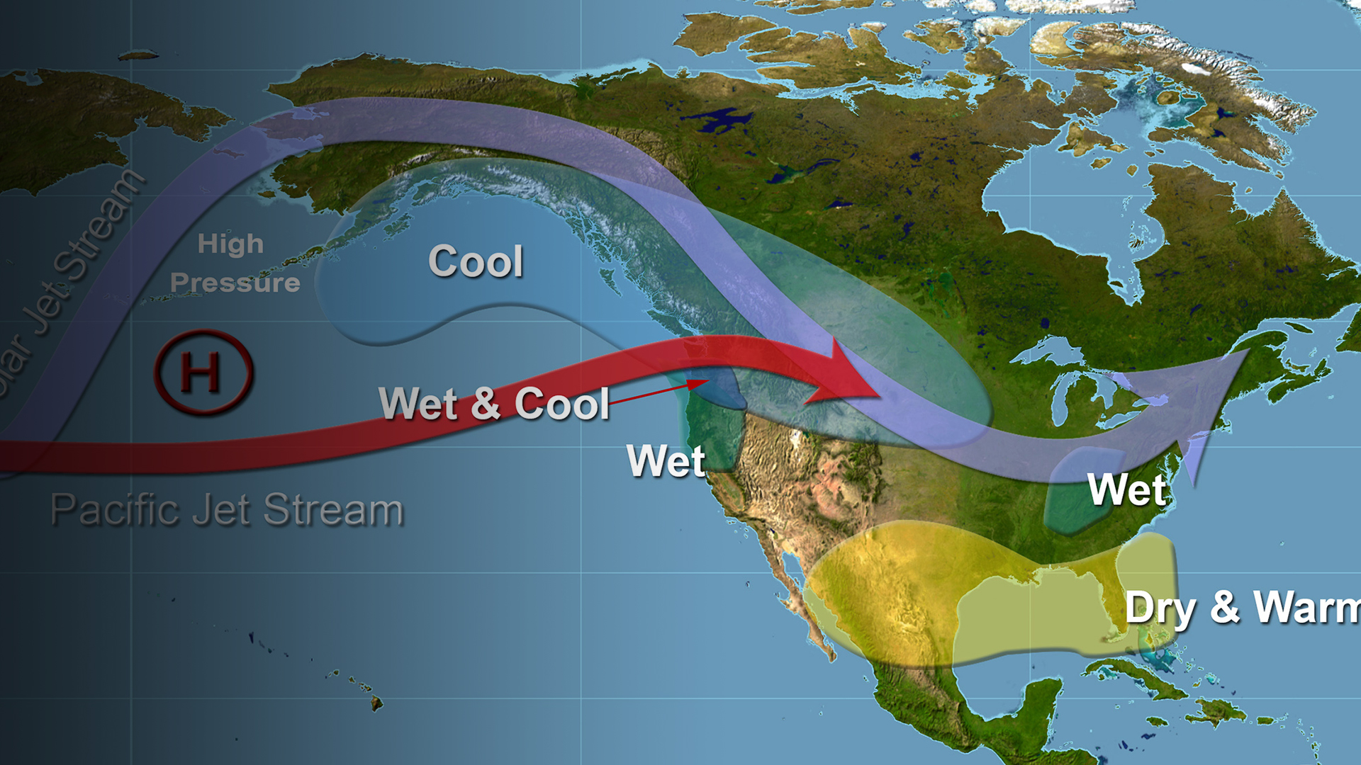 Schematic of the effects of La Nina on the Pacific jet stream and on